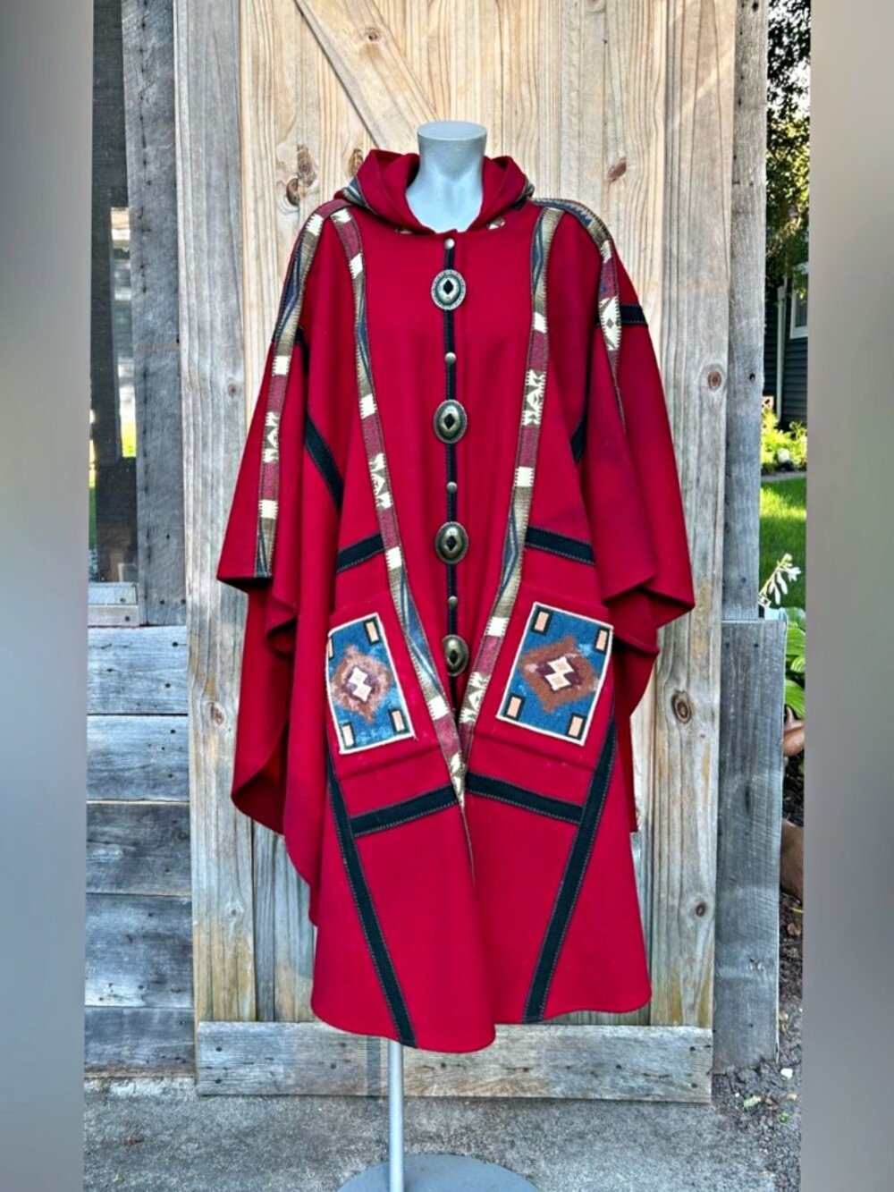 Vintage Coloratura Vibrant Red Wool Aztec Southwestern Hooded Poncho Cape~OS~